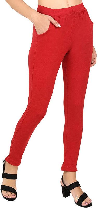 Glownix Ankle Length Western Wear Legging  (Red, Solid)
