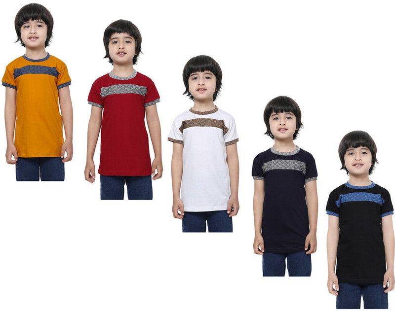 Boys Self Design Pure Cotton T Shirt  (Multicolor, Pack of 5)