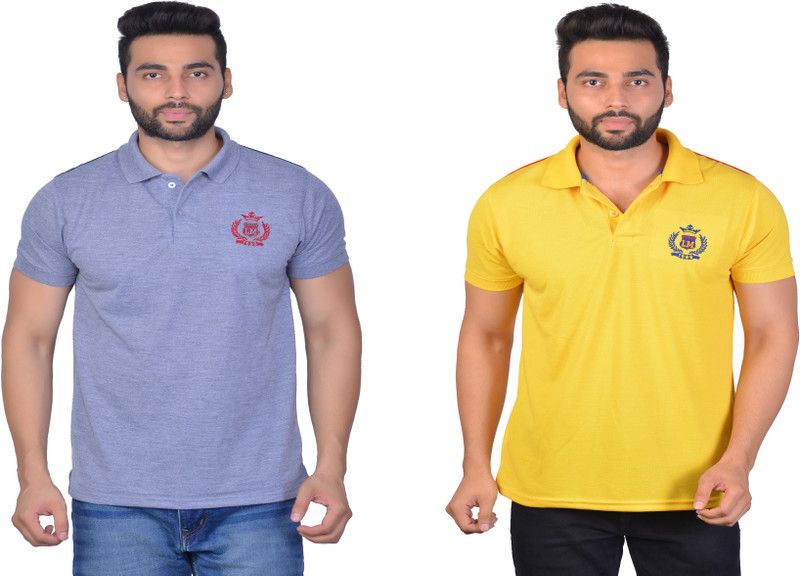 Pack of 2 Men Self Design Polo Neck Cotton Blend Grey, Yellow T-Shirt
