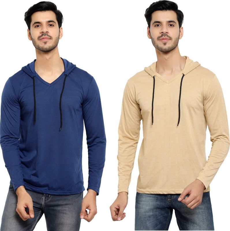 Pack of 2 HMT Men Solid Hooded Neck Cotton Blend Light Blue, Beige T-Shirt