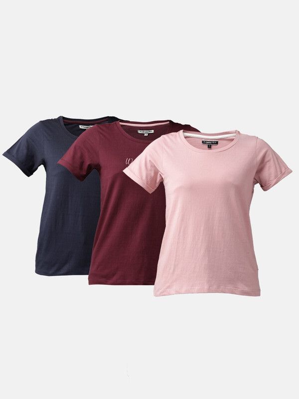 Pack of 3 Women Solid Round Neck Pure Cotton Pink T-Shirt