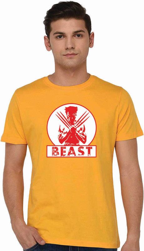 Beast Printed Men T-Shirt Men Printed Round Neck Pure Cotton Yellow T-Shirt