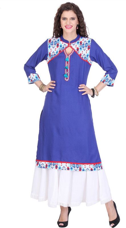 Pack of 2 Women Printed Cotton Rayon Straight Kurta  (Blue)