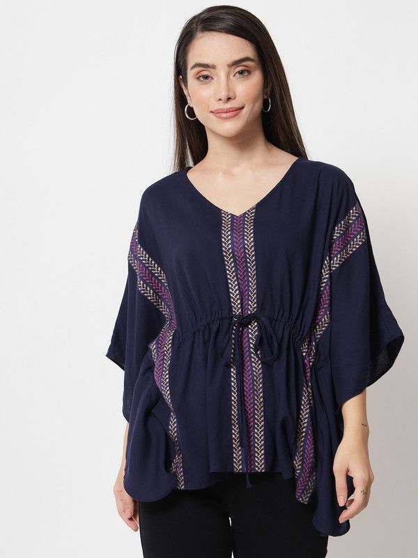 Casual Kaftan Sleeve Printed Women Blue Top