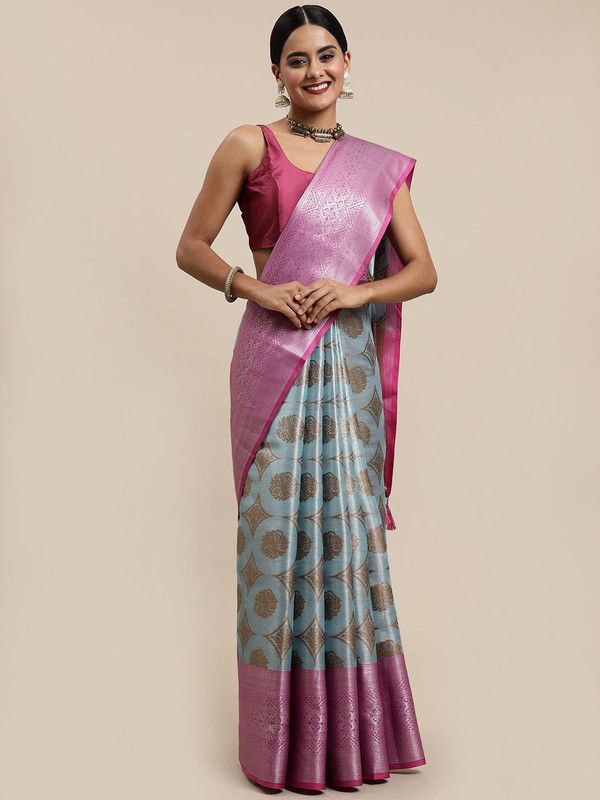 Kanjivaram Organza Saree  (Light Blue, Pink)