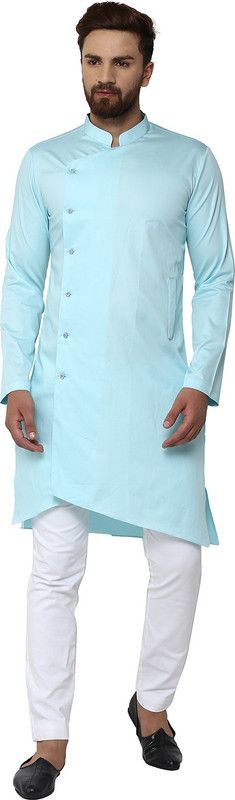 Men Solid Pure Cotton Asymmetric Kurta  (Light Blue)