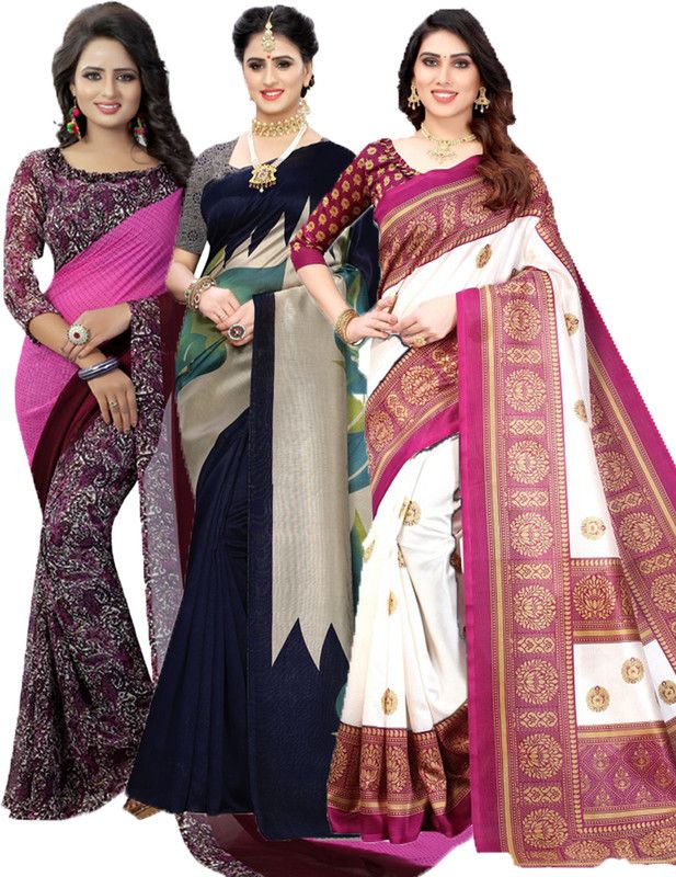 Printed Daily Wear Georgette Saree  (Pack of 3, Purple, Dark Blue)