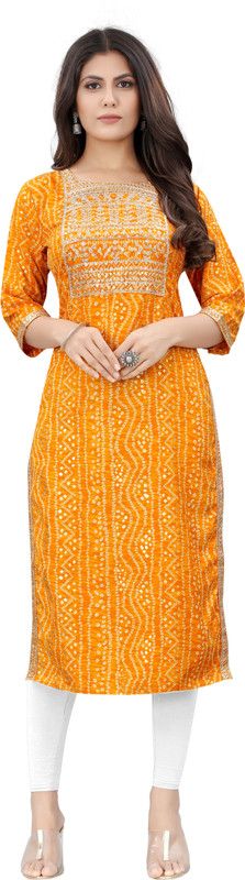 Women Embroidered, Bandhani Cotton Rayon Straight Kurta  (Yellow)