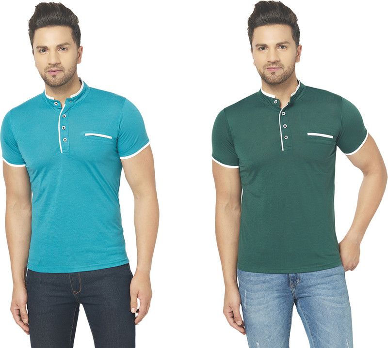 Pack of 2 Men Solid Henley Neck Cotton Blend Dark Green, Blue T-Shirt