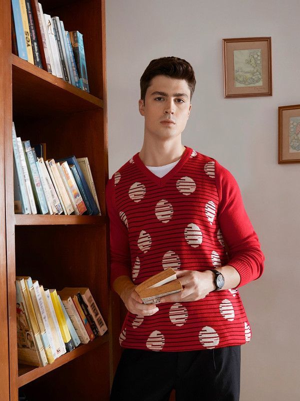 Men Self Design, Striped V Neck Red Sweater