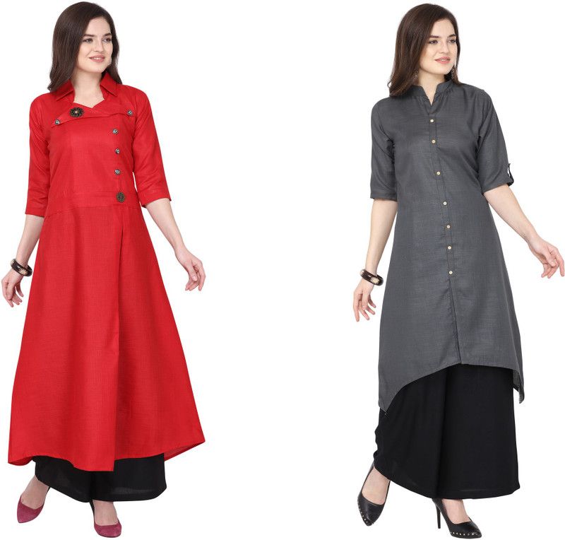 Pack of 2 Women Solid Cotton Blend Flared Kurta  (Red, Black)