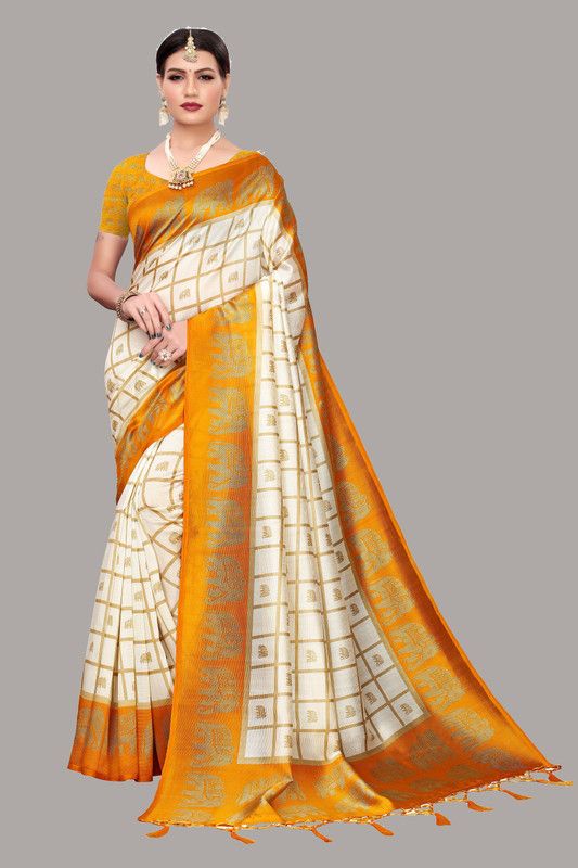 Printed Fashion Art Silk Saree  (Mustard)