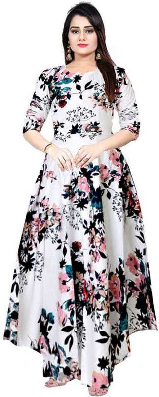 Printed Cotton Rayon Stitched Flared/A-line Gown  (White)