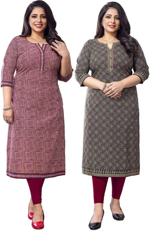 Pack of 2 Women Block Print, Geometric Print Pure Cotton Straight Kurta  (Multicolor, Pink)