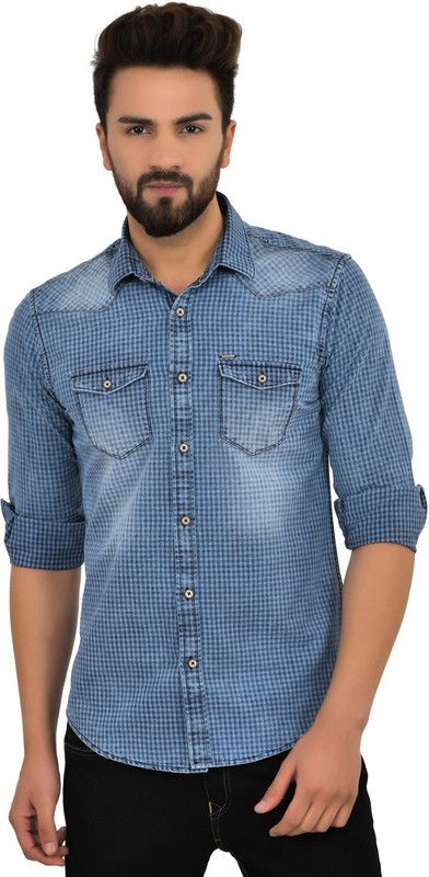 Blue Buddha Men's Cotton Blue Full Sleeve Shirt Men Slim Fit Checkered Spread Collar Casual Shirt