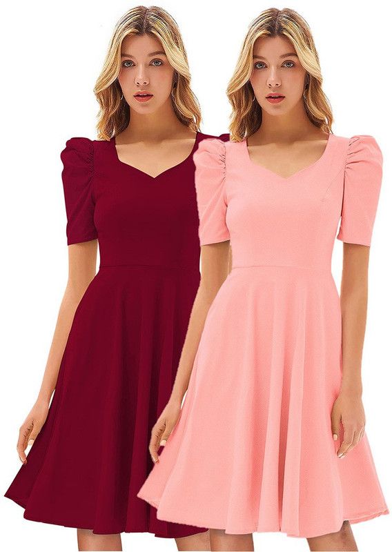 Women Fit and Flare Maroon, Pink Dress