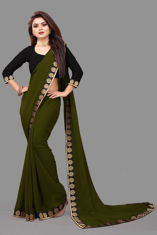 Solid/Plain Daily Wear Lycra Blend Saree  (Green)