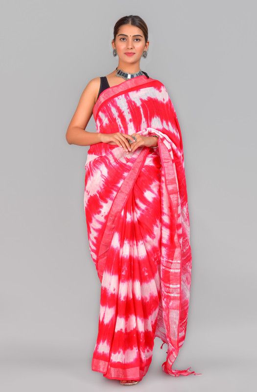 Dyed Handloom Linen Saree  (Red)