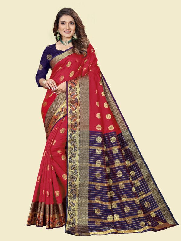 Woven Banarasi Art Silk Saree  (Red, Dark Blue)