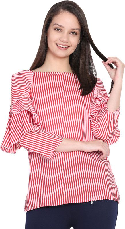 Casual Ruffled Sleeves Striped Women Red Top