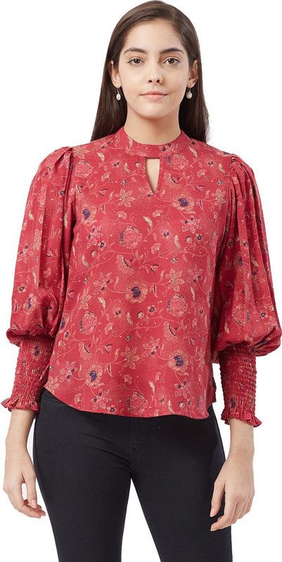 Casual Bishop Sleeve Printed Women Red Top