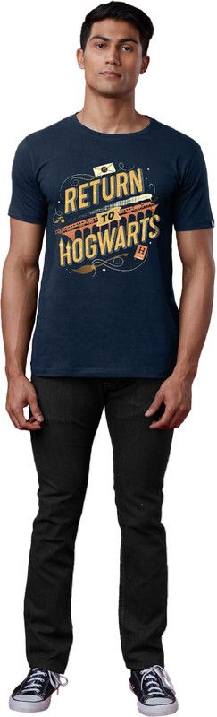 Harry Potter Men Typography Round Neck Cotton Blend Blue T-Shirt