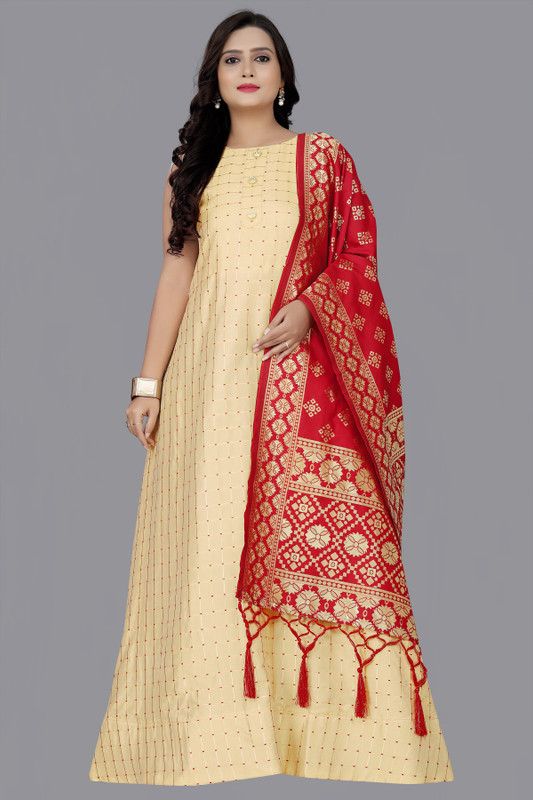 Solid Jacquard Semi Stitched Flared/A-line Gown  (Beige)