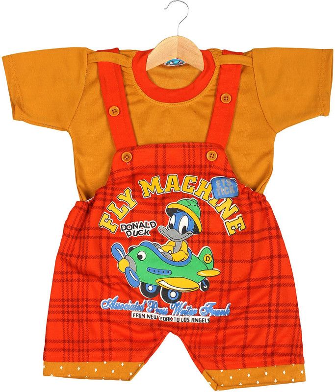 Dungaree For Boys & Girls Printed Cotton Fleece Blend  (Orange, Pack of 1)