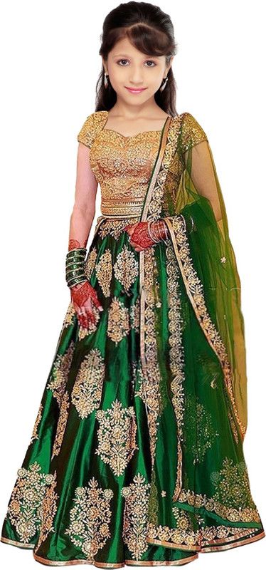 Girls Lehenga Choli Ethnic Wear Embroidered Lehenga  (Green, Pack of 1)