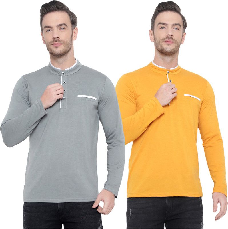 Pack of 2 Men Solid Mandarin Collar Cotton Blend Grey, Yellow T-Shirt
