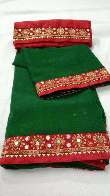 Embellished Gadwal Georgette Saree  (Green)