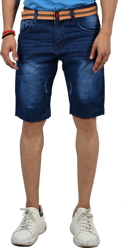 Self Design Men Denim Blue Denim Shorts