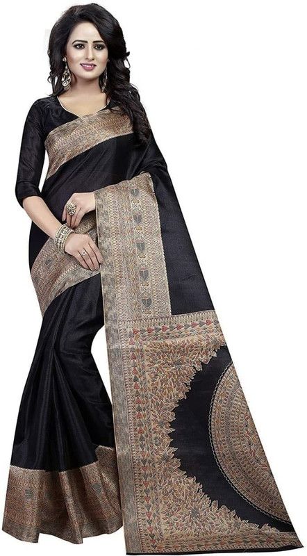 Printed Maheshwari Pure Silk Saree  (Black)