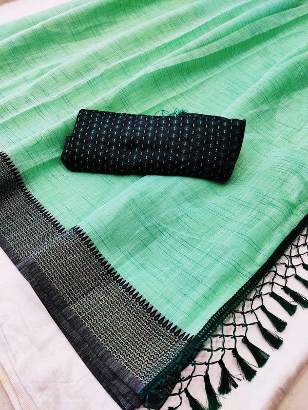 Printed, Embroidered, Plain Fashion Cotton Silk Saree  (Light Green, Black)