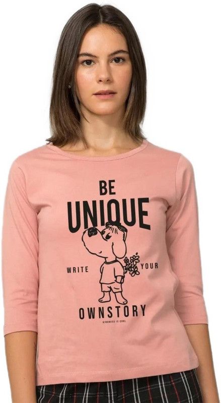 T-shirt Women Graphic Print Round Neck Pure Cotton Pink T-Shirt