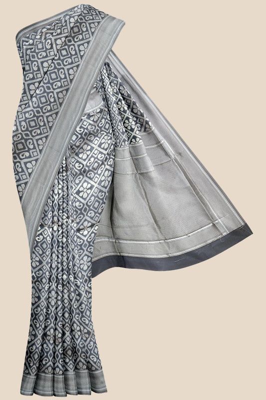 Floral Print Ikkat Silk Blend Saree  (Grey)