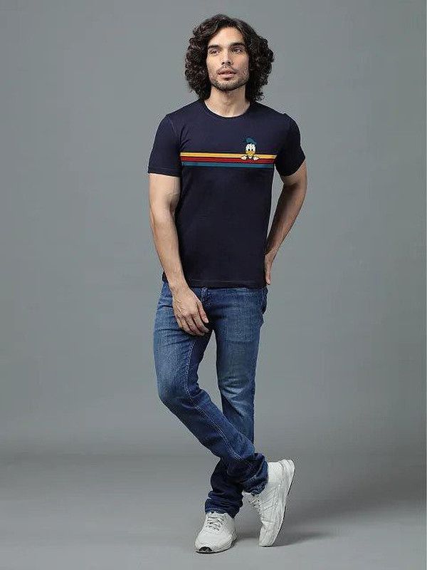 Men Cartoon Round Neck Cotton Blend Blue T-Shirt
