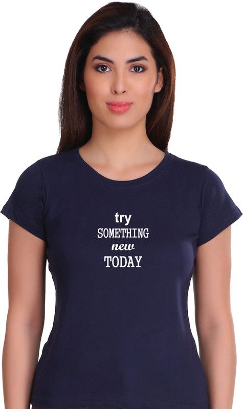 Pack of 10 Women Typography Round Neck Cotton Blend Dark Blue T-Shirt