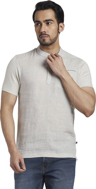 Men Solid Mandarin Collar Pure Cotton Beige T-Shirt