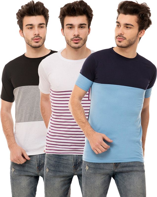Color Block, Striped Men Multicolor T-Shirt  (Pack of 3)