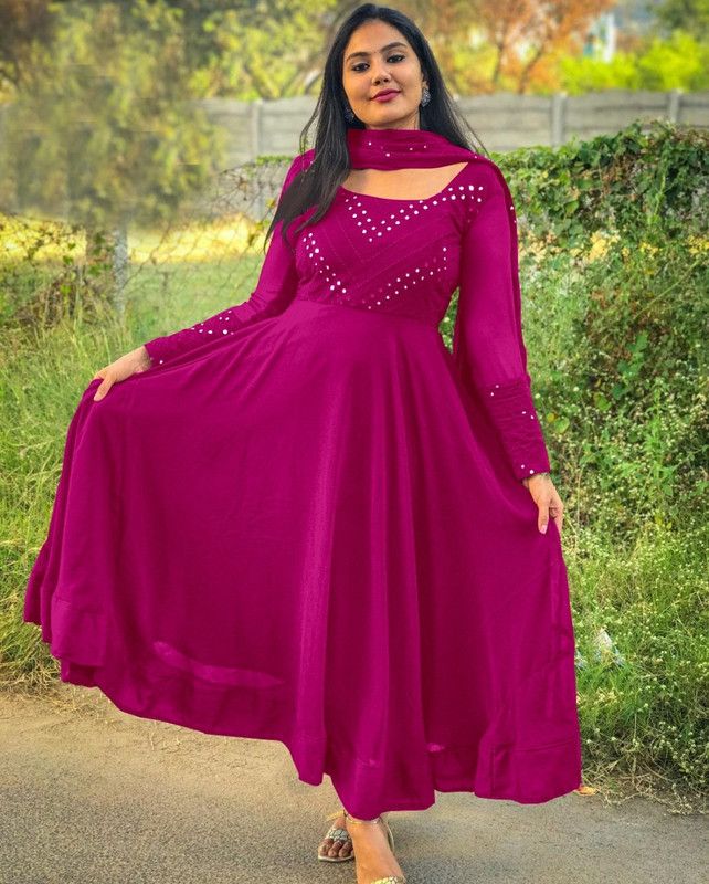 Women Embellished Georgette Gown Kurta  (Pink)