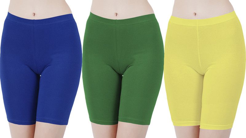 Pack of 3 Solid Women Blue, Green, Yellow Cycling Shorts