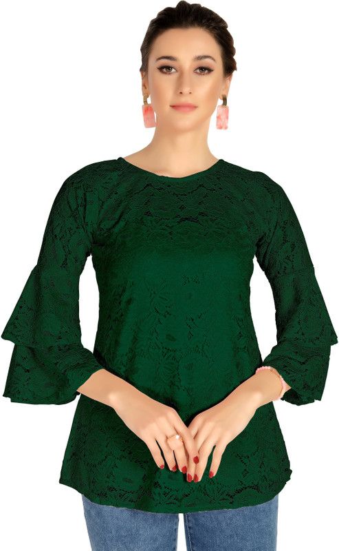 Party Bell Sleeves Lace Women Dark Green Top