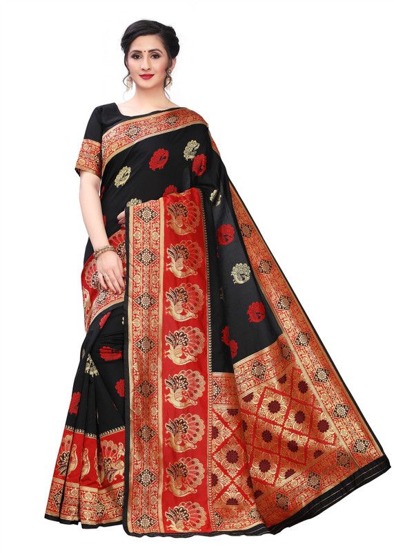 Woven Dharmavaram Silk Blend Saree  (Black)