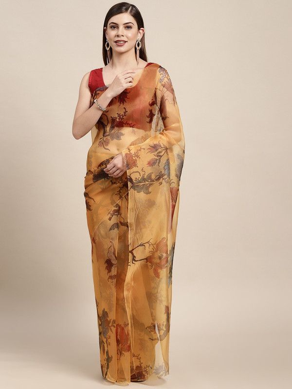 Fashion Organza Saree  (Orange)