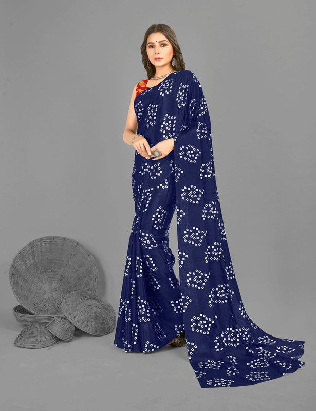 Printed, Geometric Print Bandhani Silk Blend Saree  (Dark Blue)