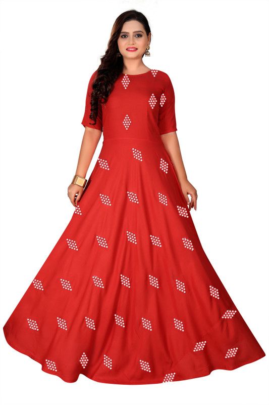 Solid Rayon Blend Semi Stitched Anarkali Gown  (Red)