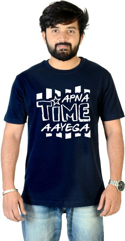Apna Time Aayega Men Printed Round Neck Pure Cotton Dark Blue T-Shirt