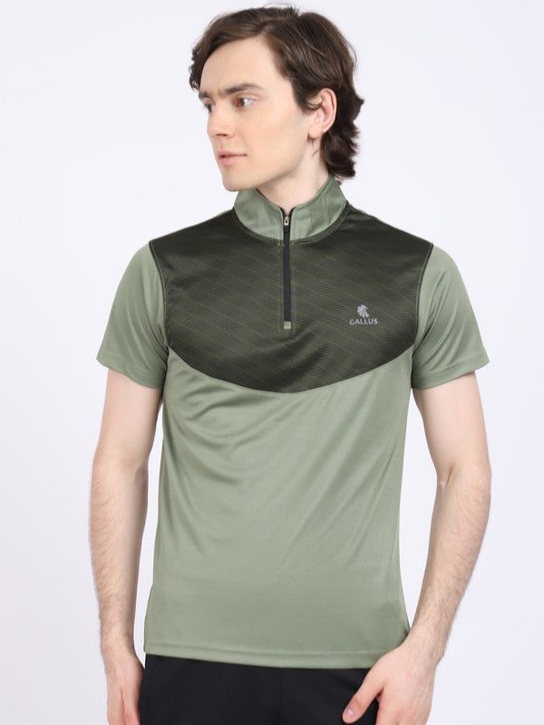 Men Colorblock High Neck Elastane Dark Green T-Shirt
