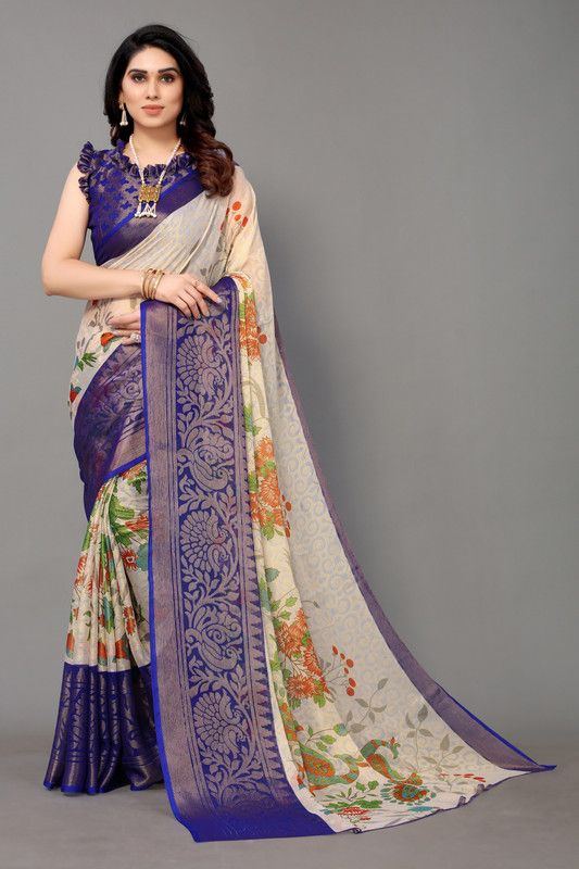 Fashion Chiffon, Brasso Saree  (Blue, Cream)